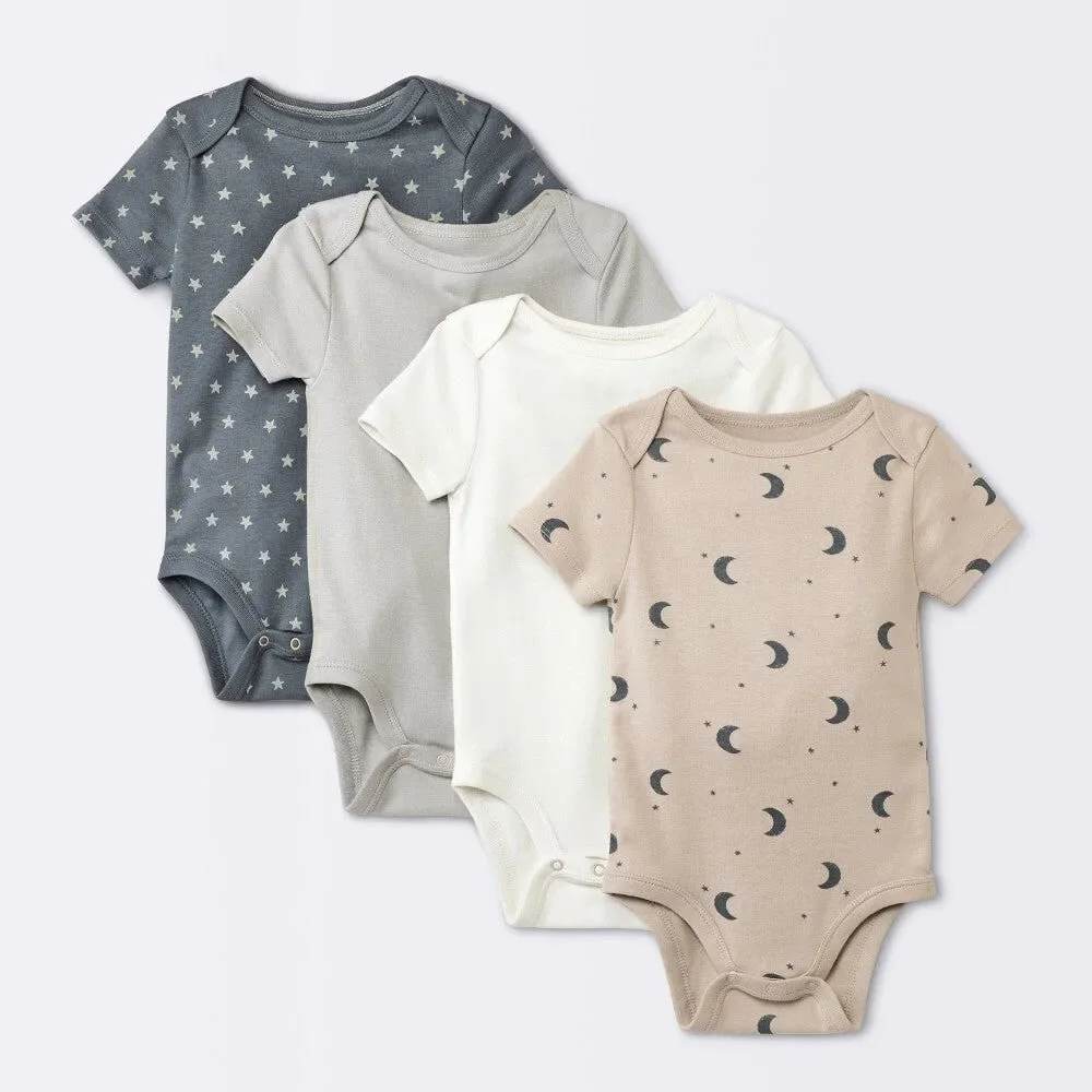 Baby 4pk Short Sleeve Moons Bodysuit - Cloud Island™ Gray 0-3M: Cotton, Crotch